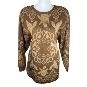 90s Liz Claiborne Brown Gold Floral Wool Blend Knit Sweater‎ Women Size Medium